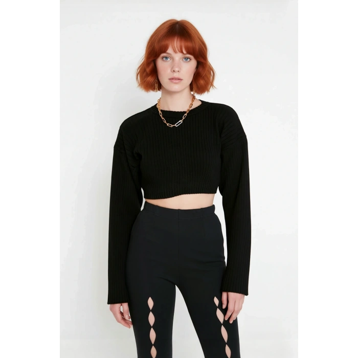 Kadın Düz Desen Regular Kalıp Triko Super Crop Bisiklet Yaka Uzun Kol Kazak Casual Tarz Kaliteli