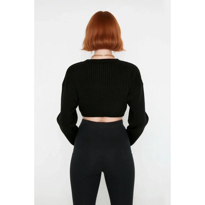 Kadın Düz Desen Regular Kalıp Triko Super Crop Bisiklet Yaka Uzun Kol Kazak Casual Tarz Kaliteli