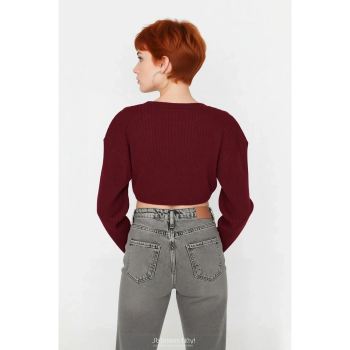 Kadın Düz Desen Regular Kalıp Triko Super Crop Bisiklet Yaka Uzun Kol Kazak Casual Tarz Kaliteli