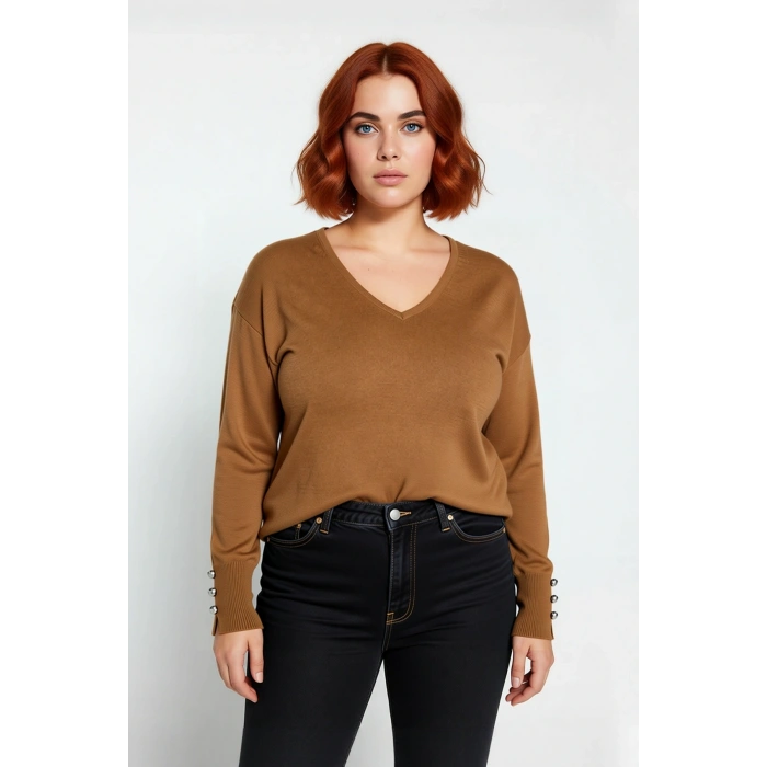 Kadın Düz Desen Regular Kalıp Triko V Yaka Kazak Uzun Kollu Ve Şık Düğme Detayları İle Kaliteli