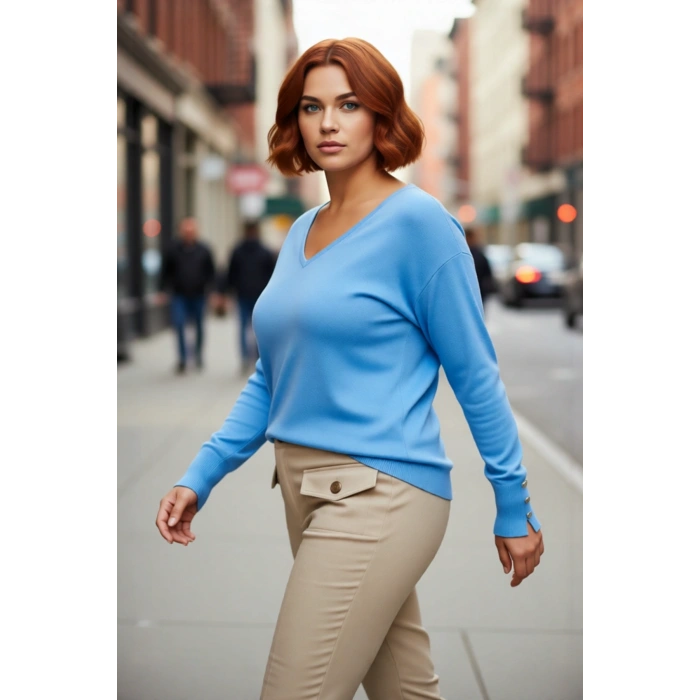 Kadın Düz Desen Regular Kalıp Triko V Yaka Kazak Uzun Kollu Ve Şık Düğme Detayları İle Kaliteli