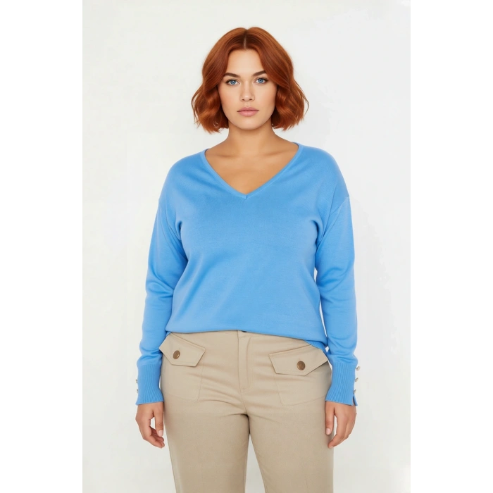 Kadın Düz Desen Regular Kalıp Triko V Yaka Kazak Uzun Kollu Ve Şık Düğme Detayları İle Kaliteli