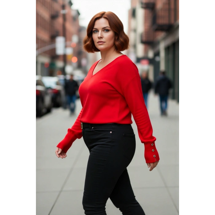 Kadın Düz Desen Regular Kalıp Triko V Yaka Kazak Uzun Kollu Ve Şık Düğme Detayları İle Kaliteli