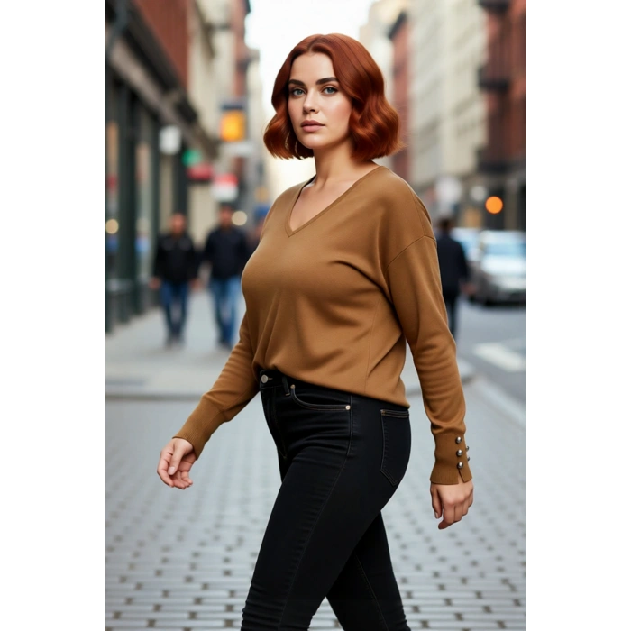 Kadın Düz Desen Regular Kalıp Triko V Yaka Kazak Uzun Kollu Ve Şık Düğme Detayları İle Kaliteli