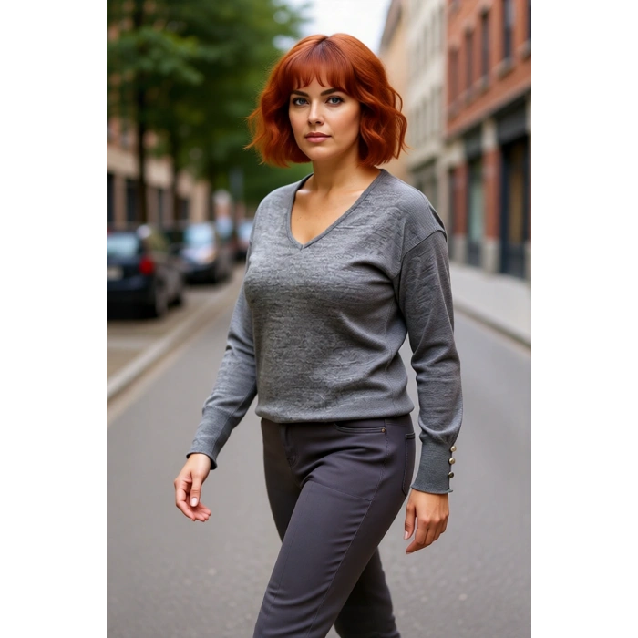 Kadın Düz Desen Regular Kalıp Triko V Yaka Kazak Uzun Kollu Ve Şık Düğme Detayları İle Kaliteli