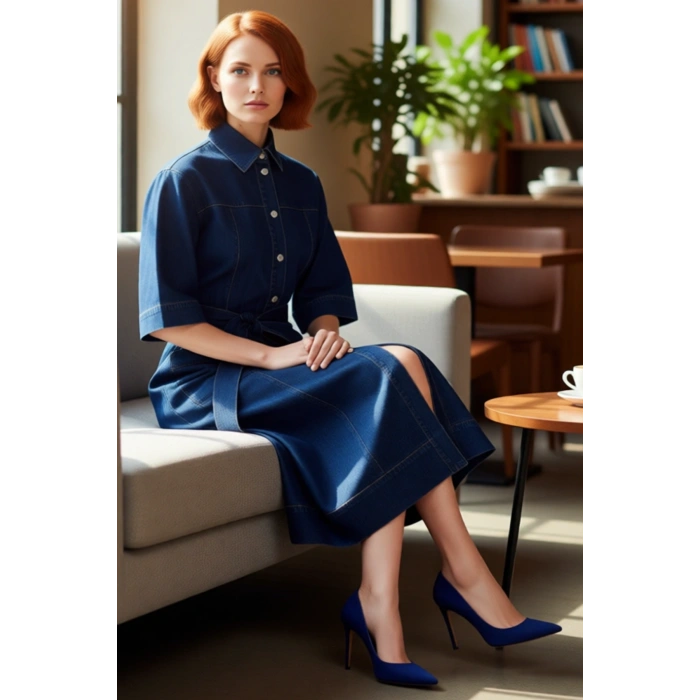 Kadın Düz Desen Shift Kalıp Gömlek Yaka Kısa Kollu Mavi %100 Pamuk Denim Maxi Elbise Casual Şıklık