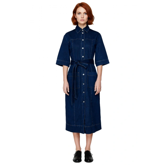 Kadın Düz Desen Shift Kalıp Gömlek Yaka Kısa Kollu Mavi %100 Pamuk Denim Maxi Elbise Casual Şıklık