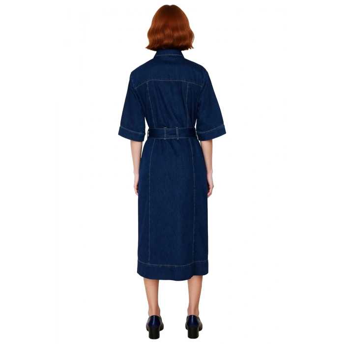 Kadın Düz Desen Shift Kalıp Gömlek Yaka Kısa Kollu Mavi %100 Pamuk Denim Maxi Elbise Casual Şıklık