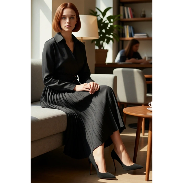 Kadın Düz Desen Standart Kol Kuşak Detaylı Piliseli Etek Ceket Yaka Polyester Midi Boy Elbise