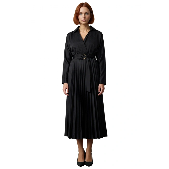 Kadın Düz Desen Standart Kol Kuşak Detaylı Piliseli Etek Ceket Yaka Polyester Midi Boy Elbise