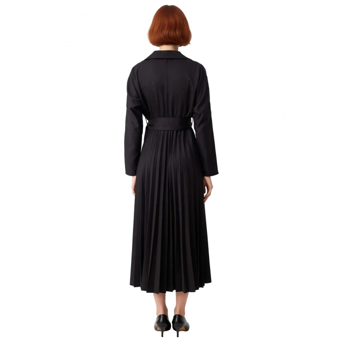 Kadın Düz Desen Standart Kol Kuşak Detaylı Piliseli Etek Ceket Yaka Polyester Midi Boy Elbise