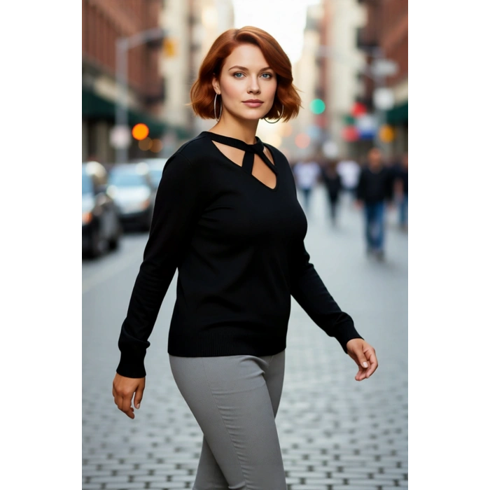 Kadın Düz Desen V Yaka Cut Out Detaylı Triko Kazak Regular Kalıp Uzun Kollu Basic Stilli Kaliteli