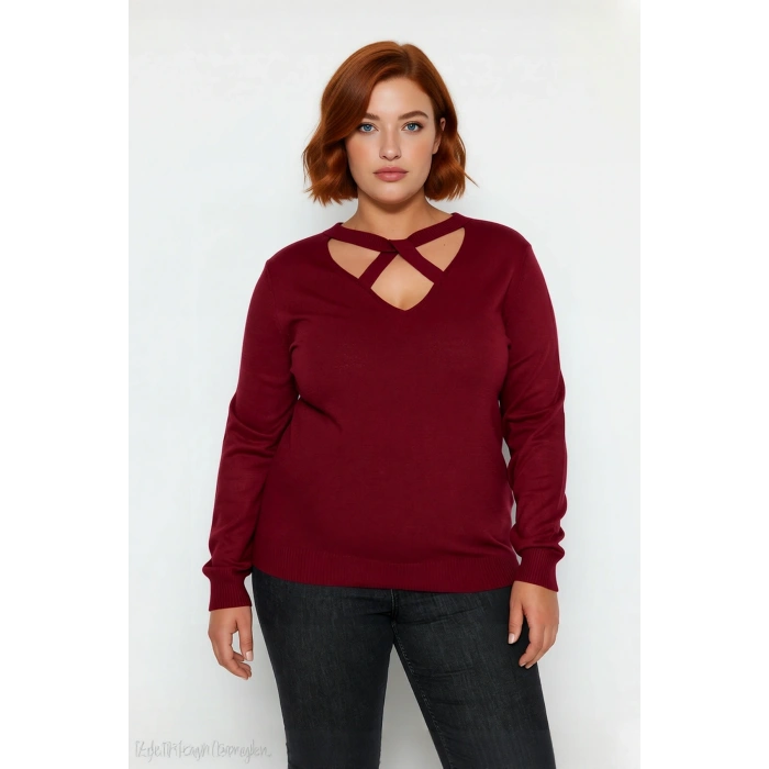 Kadın Düz Desen V Yaka Cut Out Detaylı Triko Kazak Regular Kalıp Uzun Kollu Basic Stilli Kaliteli