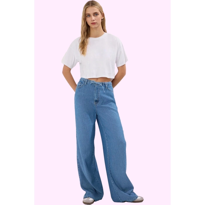 Kadın Düz Desenli Liyosel Denim Pantolon Yüksek Bel Geniş Paça Yaz Günlük Kullanım Hafta Sonu