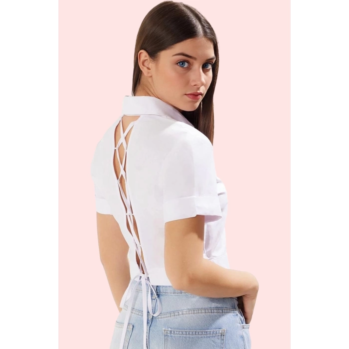 Kadın Düz Dokuma Crop Gömlek Sırt Bağcıklı Fitted Günlük Ve Özel Günler Yaz Aylarının Vazgeçilmezi