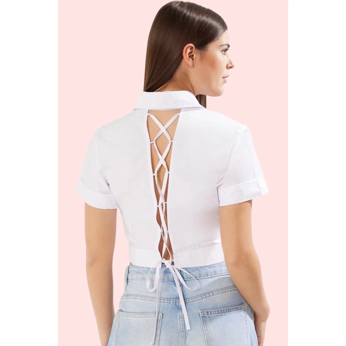 Kadın Düz Dokuma Crop Gömlek Sırt Bağcıklı Fitted Günlük Ve Özel Günler Yaz Aylarının Vazgeçilmezi