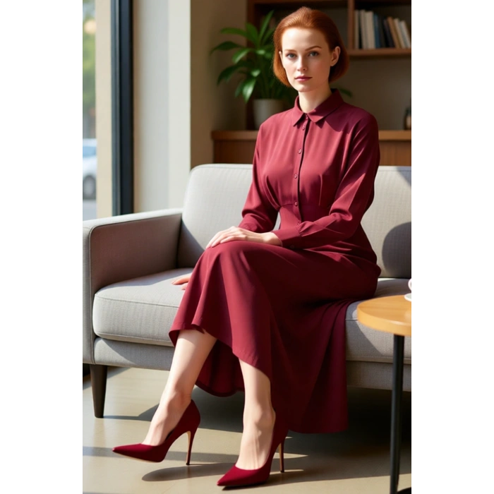 Kadın Düz Dokuma Gömlek Yaka Uzun Reglan Kol Maxi Elbise Rahatlığı Ve Şıklığı Birleştirir