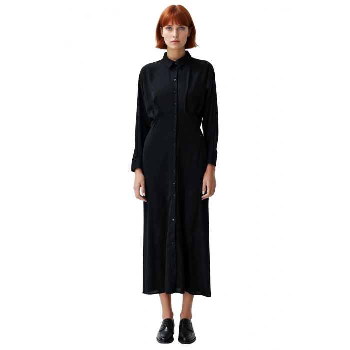 Kadın Düz Dokuma Gömlek Yaka Uzun Reglan Kol Maxi Elbise Rahatlığı Ve Şıklığı Birleştirir