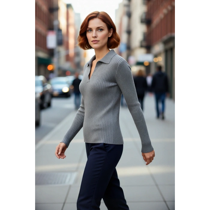 Kadın Düz Fitilli Triko Kazak Polo Yaka Detaylı Fitted Kalıbıyla Kışlık Şıklığın Tamamlayıcısı