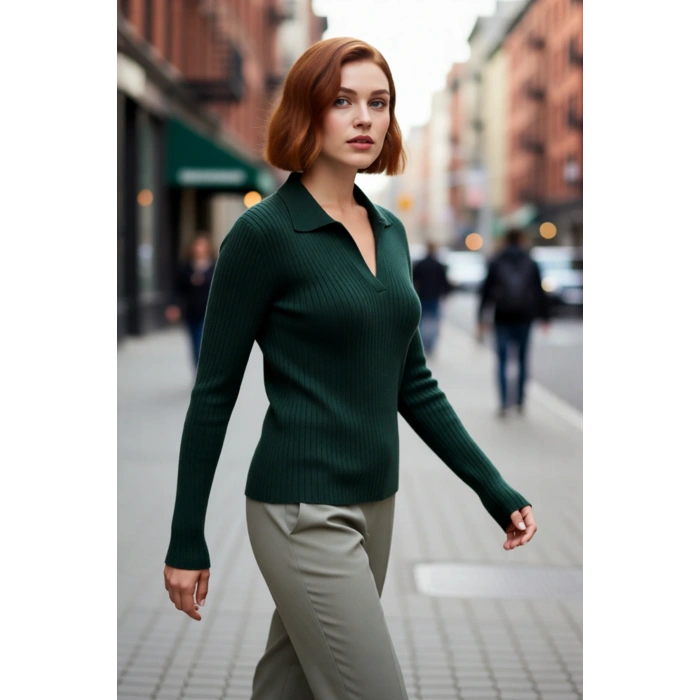 Kadın Düz Fitilli Triko Kazak Polo Yaka Detaylı Fitted Kalıbıyla Kışlık Şıklığın Tamamlayıcısı