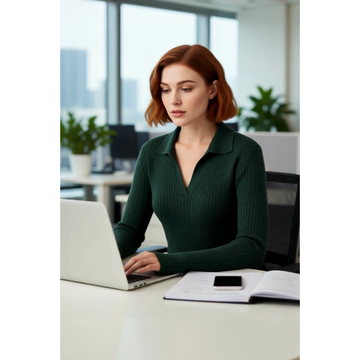 Kadın Düz Fitilli Triko Kazak Polo Yaka Detaylı Fitted Kalıbıyla Kışlık Şıklığın Tamamlayıcısı