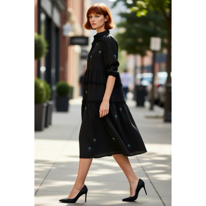 Kadın Düz Kesim Hakim Yaka Balon Kol Nakışlı Midi Elbise Rahat Shift Siluet Dokuma Kumaş Kaliteli