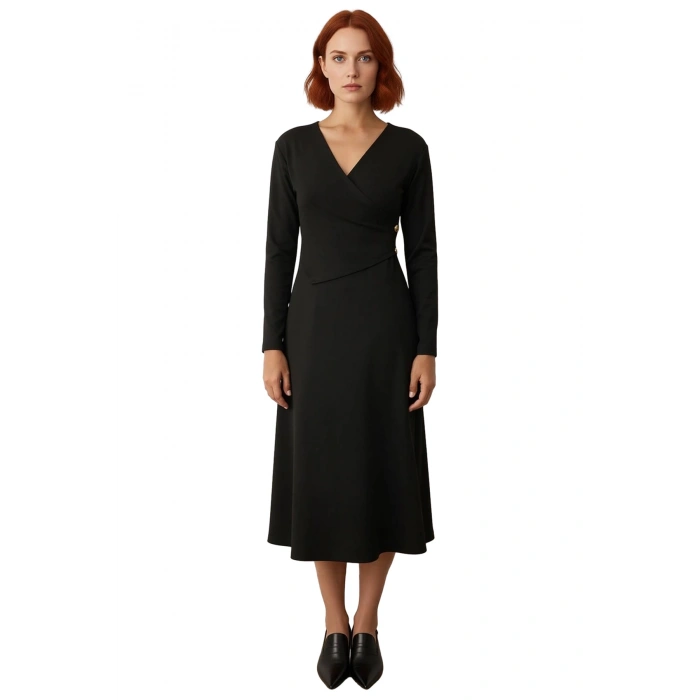 Kadın Düz Kruvaze A Line Maxi Elbise Uzun Kollu V Yaka Düğmeli Örme Tasarım Şıklığı Gündüz Gece