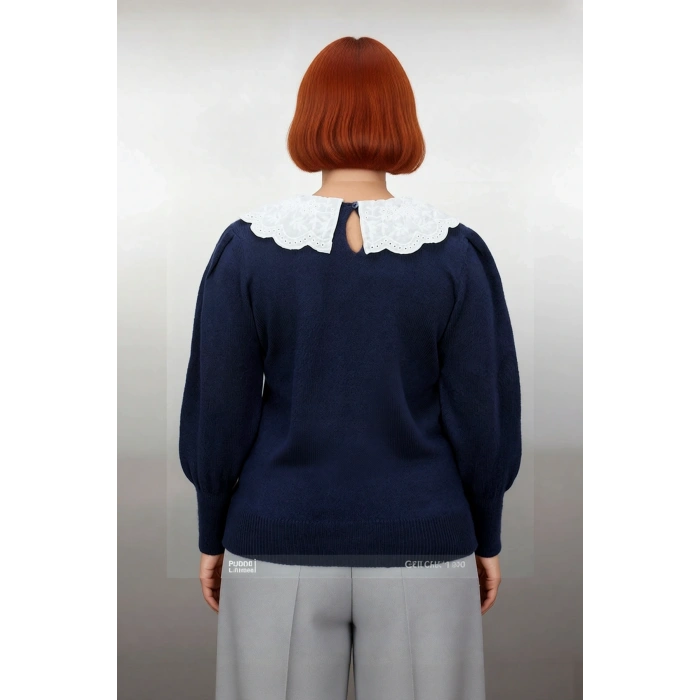 Kadın Düz Lacivert Triko Kazak Dantel Gömlek Yaka Detaylı Uzun Kollu Kış Gardırobunuzun Vazgeçilmezi