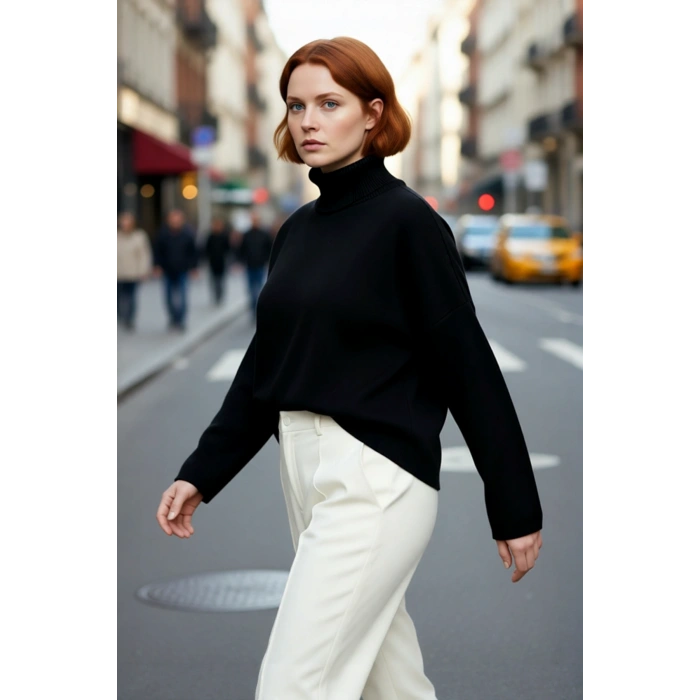 Kadın Düz Relaxed Kalıp Balıkçı Yaka Düşük Kol Triko Kazak Kış Kombinlerine Konfor Katıyor