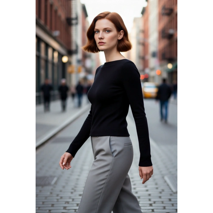 Kadın Düz Siyah Fitted Triko Kazak Kayık Yaka Detayıyla Şık Bir Temel Parça Günlük Stile Zarafet