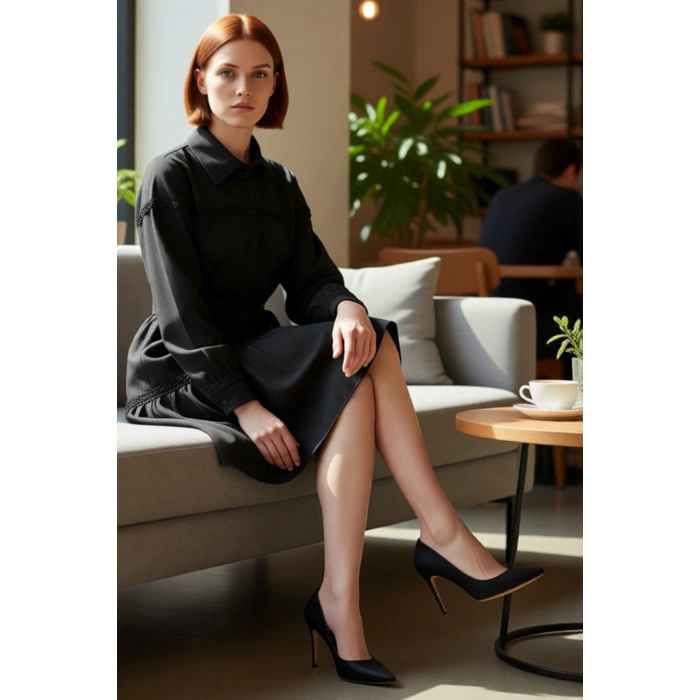 Kadın Düz Siyah Kuşaklı Mini Gömlek Elbise Modeli Standart Kollu Dantel Detaylı Kışlık Dokuma