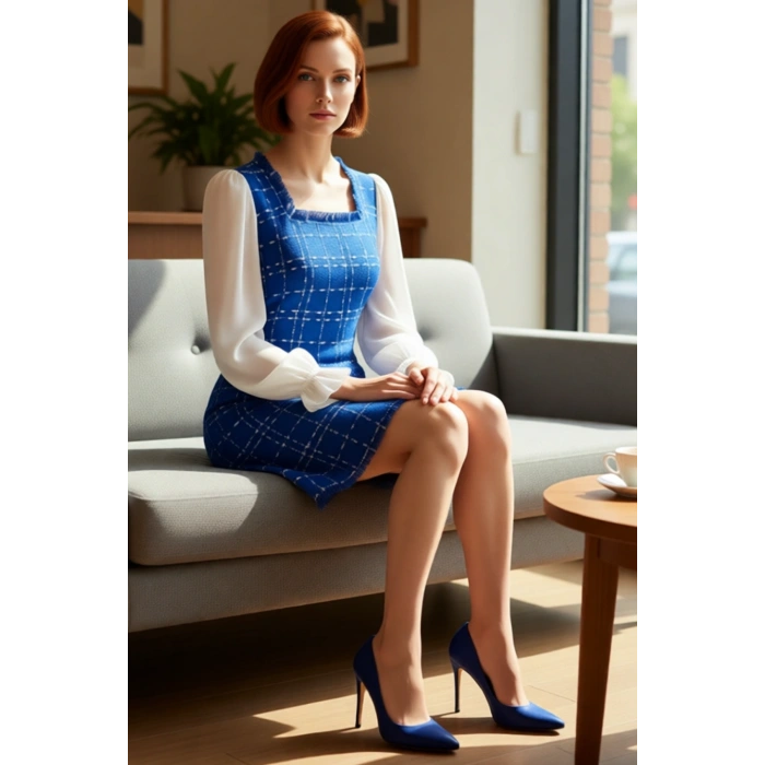 Kadın Ekose A Kesim Mini Elbise Kare Yaka Dokuma Tüvit Kumaşıyla Sonbahar Kış Kombinleri Kaliteli