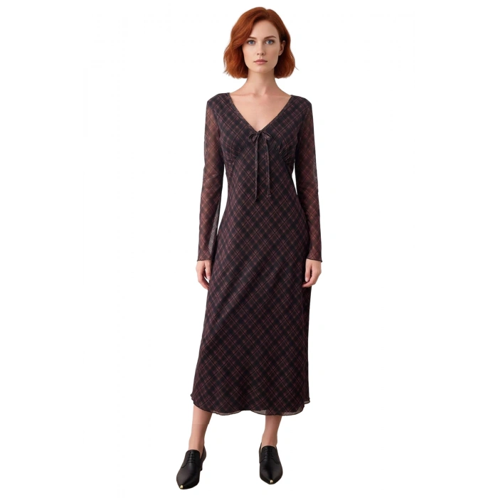 Kadın Ekose Desenli Bodycon Maxi Elbise V Yaka Uzun Kollu Tül Dokulu Bağlama Detaylı Kışlık Şıklık