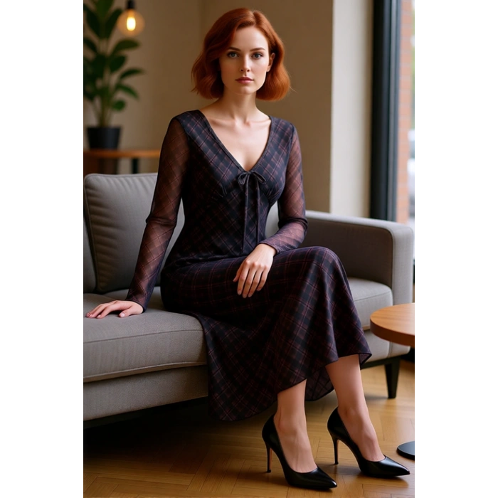 Kadın Ekose Desenli Bodycon Maxi Elbise V Yaka Uzun Kollu Tül Dokulu Bağlama Detaylı Kışlık Şıklık