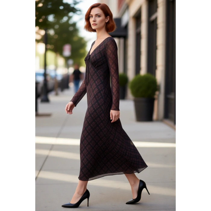 Kadın Ekose Desenli Bodycon Maxi Elbise V Yaka Uzun Kollu Tül Dokulu Bağlama Detaylı Kışlık Şıklık