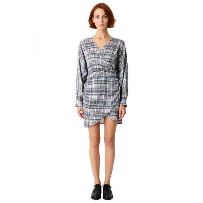 Kadın Ekose Desenli Mini Elbise Bodycon Kesim Kruvaze Yaka Uzun Yarasa Kol Şık Dokuma Saten