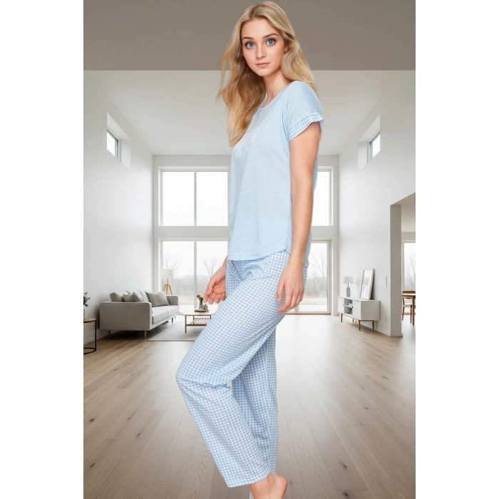 Kadın Ekose Desenli Rahat Pijama Takımı Viskoz Polyester Zarif Tasarım Premium Kalite
