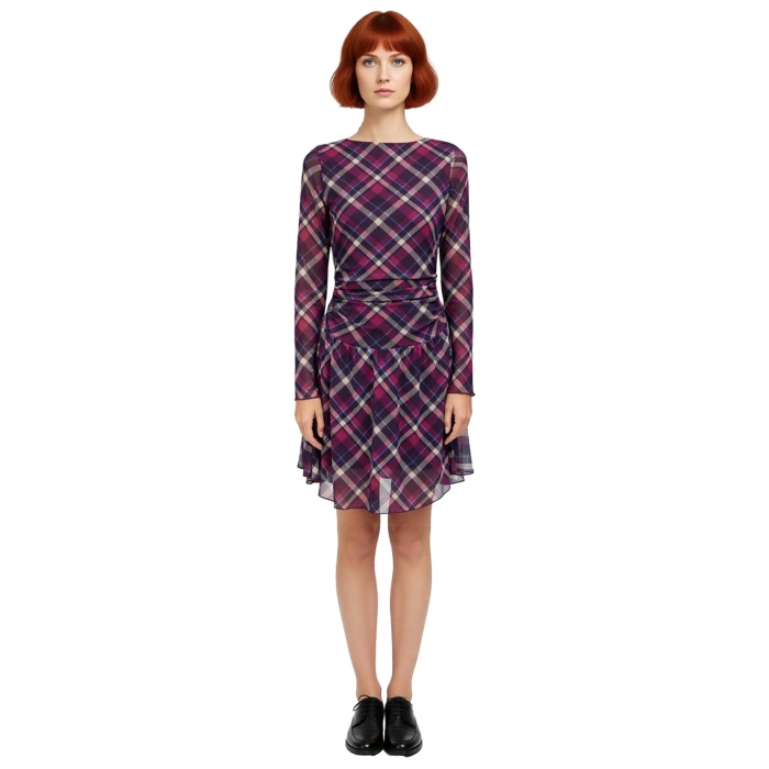 Kadın Ekose Desenli Skater Elbise Bisiklet Yaka Uzun Kollu Astarlı Mini Günlük Şıklık