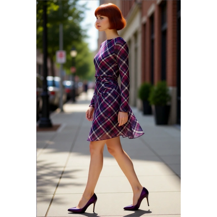 Kadın Ekose Desenli Skater Kalıp Uzun Kollu Astarlı Mini Elbise Modern ve Konforlu Günlük Şıklık