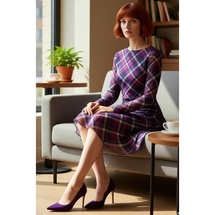 Kadın Ekose Desenli Skater Kalıp Uzun Kollu Astarlı Mini Elbise Modern ve Konforlu Günlük Şıklık