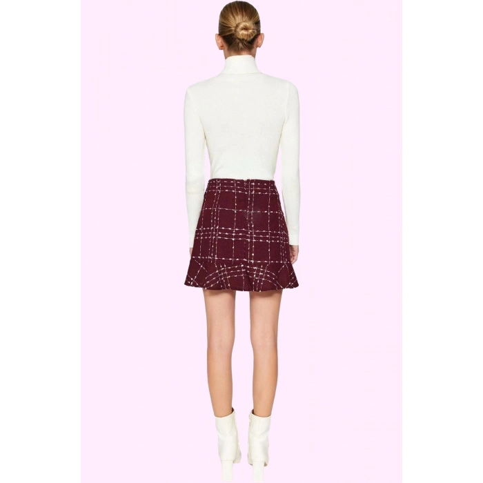 Kadın Ekose Dokuma Mini Etek Yüksek Bel Skater Kalıp Tüvit Kumaş Yaz Aylarının Vazgeçilmezi