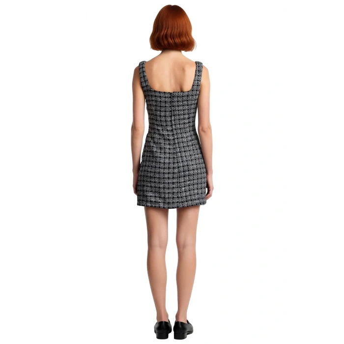 Kadın Ekose Tüvit Dokuma Düğmeli Kare Yaka A Kesim Mini Elbise Şık Akşam Davetleri İçin İdeal