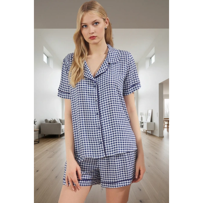 Kadın Ekoseli Kısa Kollu Viskoz Pijama Takımı Yüksek Kalite Rahat Ve Şık