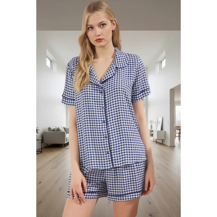 Kadın Ekoseli Kısa Kollu Viskoz Pijama Takımı Yüksek Kalite Rahat Ve Şık