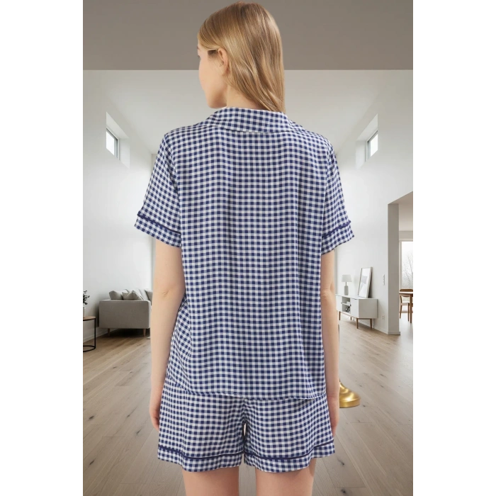 Kadın Ekoseli Kısa Kollu Viskoz Pijama Takımı Yüksek Kalite Rahat Ve Şık