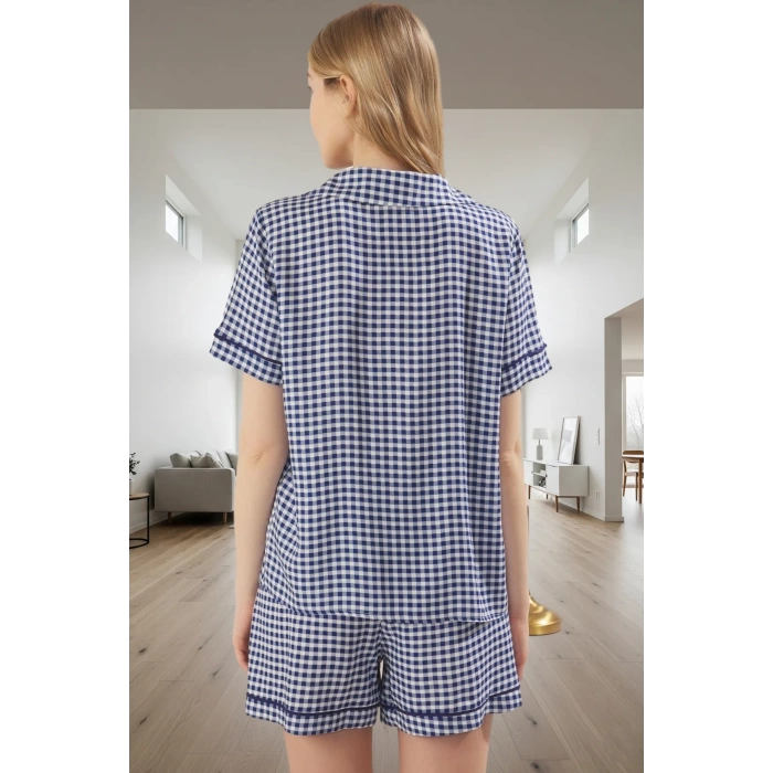 Kadın Ekoseli Kısa Kollu Viskoz Pijama Takımı Yüksek Kalite Rahat Ve Şık