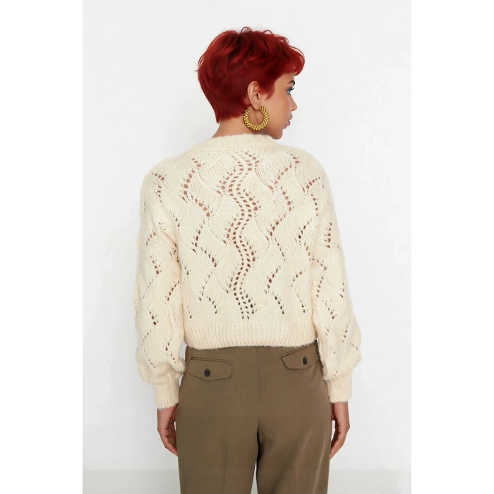 Kadın Ekru Ajurlu Dik Yaka Uzun Kollu Regular Kalıp Süper Crop Triko Kazak İlkbahar Sonbahar Şıklığı