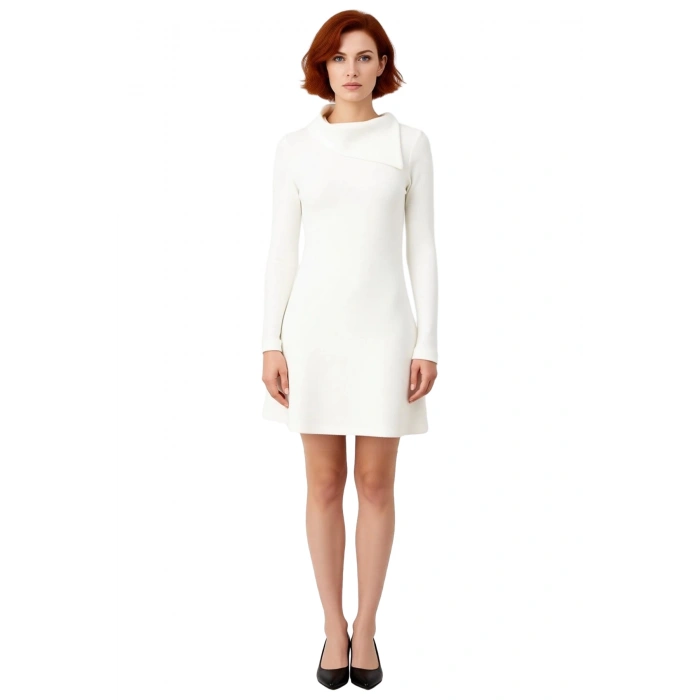 Kadın Ekru Balıkçı Yaka A Line Mini Elbise Cool & Comfort Tarzında Günlük Kullanıma Uygun Kışlık