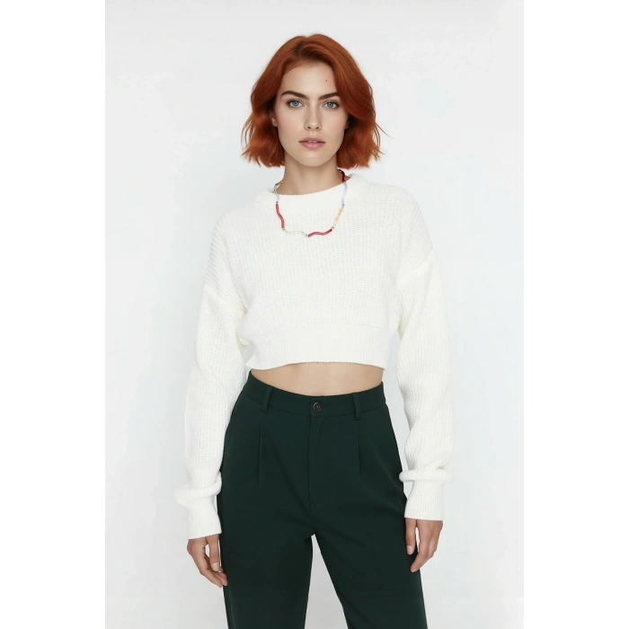 Kadın Ekru Basic Regular Kalıp Uzun Kollu Düşük Kol Triko Kazak Günlük Rahat Şıklık İçin Kaliteli