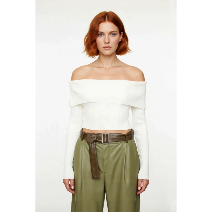 Kadın Ekru Carmen Yaka Fitted Crop Triko Kazak İlkbahar Sonbahar İçin Şık Ve Basic Tasarım